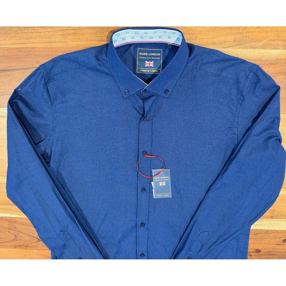 Guide London Premium Range Navy Blue Stretch Long Sleeve Button Down Shirt L NWT